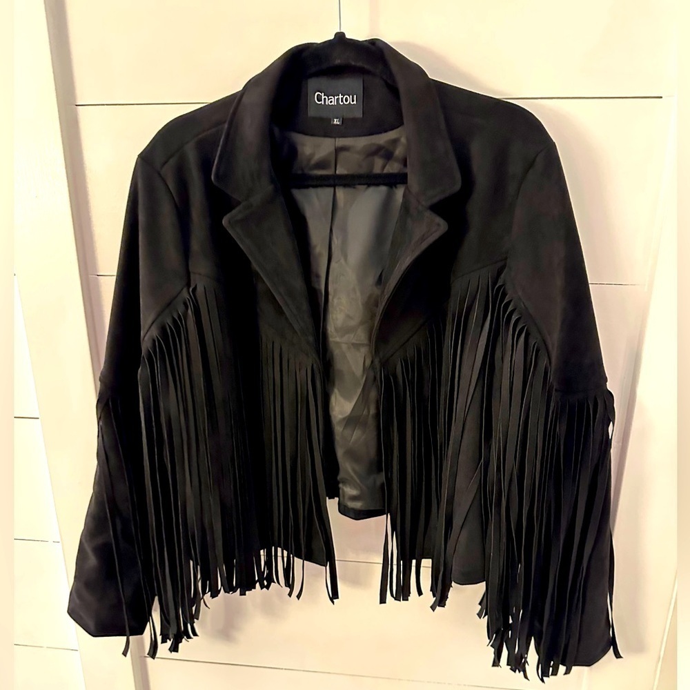 Y2K XL Fringe Black Faux Suede waist jacket cowgirl western festival Rock 90’s - Picture 2 of 12